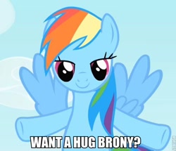 Size: 598x515 | Tagged: safe, rainbow dash, pegasus, pony, bronybait, cloud, flying, hug, hug request, ponibooru, roflbot, sky, smiling, solo