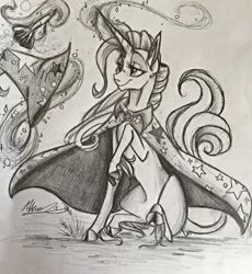 Size: 1024x1111 | Tagged: safe, artist:alexacana, derpibooru import, trixie, classical unicorn, pony, unicorn, female, grayscale, leonine tail, mare, monochrome, solo, traditional art