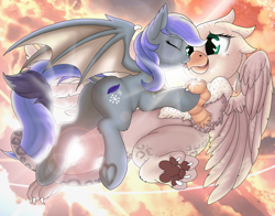Size: 1300x1021 | Tagged: safe, artist:manifest harmony, derpibooru import, oc, oc only, bat pony, griffon, pony, bat pony oc, beak, crying, cute, digital art, eyes closed, female, flying, frog (hoof), griffon oc, happy, heart nostrils, holding hooves, hug, leonine tail, lesbian, licking, mare, membranous wings, mlem, shipping, silly, sky, smiling, spread wings, tail wrap, tears of joy, teary eyes, toe beans, tongue out, underhoof, wingding eyes, wings