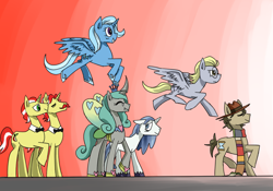 Size: 1000x700 | Tagged: safe, artist:graiant, derpibooru import, derpy hooves, doctor whooves, flam, flim, queen chrysalis, reversalis, shining armor, trixie, alicorn, changeling, changeling queen, pony, unicorn, ask mirror whooves, bright eyes (mirror universe), female, fourth doctor, male, mirror universe, race swap, shining chrysalis, shipping, straight, tom baker, trixiecorn