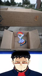 Size: 502x900 | Tagged: safe, rainbow dash, pegasus, pony, fanfic:my little dashie, dashie meme, evil people finding dash meme, exploitable meme, gendo ikari, glasses, meme, neon genesis evangelion