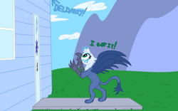 Size: 2400x1500 | Tagged: safe, artist:wydart, derpibooru import, oc, oc only, oc:gustriana, griffon, catching, cloud, delivery, griffon oc, mountain, porch, this will end in pain, valley