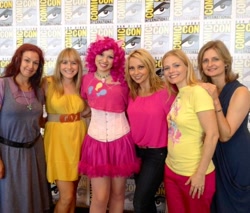 Size: 600x511 | Tagged: safe, artist:aktrez, pinkie pie, human, andrea libman, cathy weseluck, comic con, cosplay, irl, irl human, meghan mccarthy, photo, san diego comic con, tabitha st. germain, tara strong, voice actor