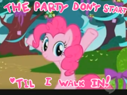 Size: 500x376 | Tagged: safe, pinkie pie, earth pony, pony, caption, female, mare, pink coat, pink mane, pink text, solo