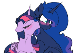 Size: 1000x700 | Tagged: safe, artist:silvy-fret, princess luna, twilight sparkle, twilight sparkle (alicorn), alicorn, pony, blushing, female, kissing, lesbian, mare, prone, shipping, simple background, twiluna