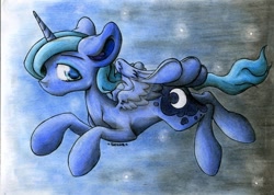 Size: 1024x728 | Tagged: safe, artist:rainbowshine94, princess luna, alicorn, pony, flying, s1 luna, solo, watermark