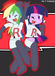 Size: 2562x3543 | Tagged: safe, artist:rainbowyoshi305, rainbow dash, twilight sparkle, equestria girls, 30 day otp challenge, belly button, boots, clothes, cosplay, costume, midriff, pokémon, short shirt, skirt, socks, team rocket, thigh boots, thigh highs