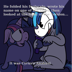 Size: 702x699 | Tagged: safe, shining armor, twilight sparkle, pony, unicorn, anabasis, exploitable meme, filly, filly twilight sparkle, flashlight (object), greek version, meme, shining's scary stories, xenophon