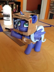 Size: 1024x1365 | Tagged: safe, artist:thisbikeisatardis, princess luna, cardboard box, custom, filly, irl, photo, sculpture, solo, woona