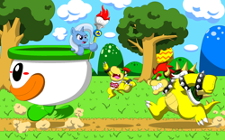 Size: 2100x1300 | Tagged: safe, artist:koopa-master, derpibooru import, trixie, pony, unicorn, angry, bowser, bowser jr, chase, crossover, father and child, father and son, female, koopa clown car, magic paintbrush, male, mare, parent and child, stealing, super mario bros.