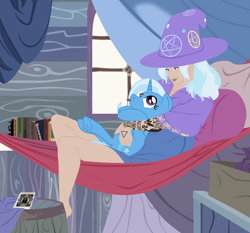 Size: 3000x2800 | Tagged: safe, artist:aaronmk, derpibooru import, trixie, human, pony, unicorn, female, hammock, hat, humanized, interior, mare, mlem, self ponidox, silly, tattoo, tongue out, trixie's wagon, vector