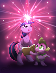 Size: 695x900 | Tagged: safe, artist:aylastardragon, derpibooru import, spike, twilight sparkle, dragon, book, magic