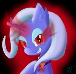 Size: 1024x995 | Tagged: safe, artist:yukiko-snowflake, derpibooru import, trixie, pony, unicorn, alicorn amulet, evil trixie, female, glowing eyes, grin, magic, mare, red eyes, smiling, solo