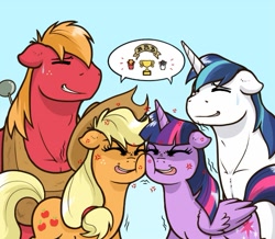 Size: 623x543 | Tagged: safe, artist:redhotkick, applejack, big macintosh, shining armor, twilight sparkle, twilight sparkle (alicorn), alicorn, earth pony, pony, unicorn, comparison, competition, contest, cross-popping veins, emoticon, female, mare, pictogram, siblings, speech bubble