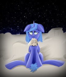 Size: 1030x1200 | Tagged: safe, artist:bacbko, princess luna, alicorn, pony, floppy ears, moon, mouth hold, s1 luna, sad, sign, sitting, solo, space