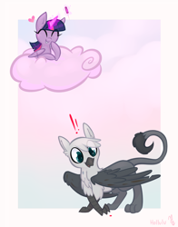 Size: 900x1148 | Tagged: safe, artist:meekcheep, derpibooru import, twilight sparkle, twilight sparkle (alicorn), oc, oc:fenrar, alicorn, griffon, pony, behaving like a cat, catbird, cloud, cute, glowing horn, griffon oc, griffons doing cat things, laser, laser pointer, levitation, light, magic, telekinesis