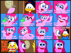 Size: 2765x2048 | Tagged: safe, artist:terry, gummy, pinkie pie, earth pony, pony, comic, crossover, disney, duck tales, high res, meme, pinkamena diane pie, rage face, scrooge mcduck, singing telegram