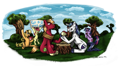 Size: 2789x1567 | Tagged: safe, artist:saturdaymorningproj, apple bloom, applejack, big macintosh, shining armor, twilight sparkle, earth pony, pony, unicorn, apple siblings, hoofwrestle, male, siblings, sign, stallion