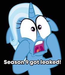 Size: 1378x1577 | Tagged: safe, artist:bigccv, derpibooru import, edit, trixie, pony, unicorn, season 9, bait, bait and switch, big eyes, female, gasp, hooves on cheeks, implied leaks, mare, op is a cuck, reaction image, screaming, shock, solo, text, text edit