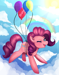 Size: 715x913 | Tagged: safe, artist:blisstox, pinkie pie, earth pony, pony, balloon, cloud, cloudy, flying, rainbow, solo, sun, then watch her balloons lift her up to the sky, wink