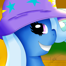 Size: 2880x2880 | Tagged: safe, artist:jimmy draws, derpibooru import, trixie, pony, unicorn, bust, clothes, female, hat, looking at you, mare, portrait, signature, smiling, solo, trixie's hat