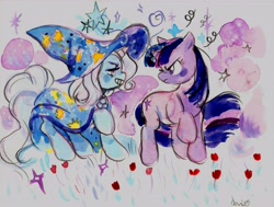 Size: 4619x3484 | Tagged: safe, artist:donella, derpibooru import, trixie, twilight sparkle, pony, unicorn, female, mare, solo, traditional art, watercolor painting