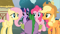 Size: 500x281 | Tagged: safe, derpibooru import, screencap, applejack, fluttershy, pinkie pie, spike, twilight sparkle, dragon, earth pony, pegasus, pony, butt, plot