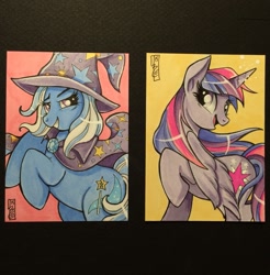 Size: 1257x1280 | Tagged: safe, artist:tressinabowling, derpibooru import, trixie, twilight sparkle, twilight sparkle (alicorn), alicorn, pony, female, mare, photo, smiling, traditional art