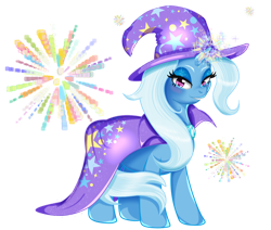 Size: 1024x869 | Tagged: safe, artist:sheepynick, derpibooru import, trixie, pony, unicorn, cape, clothes, female, fireworks, hat, looking at you, magic, mare, simple background, smiling, solo, transparent background, trixie's cape, trixie's hat