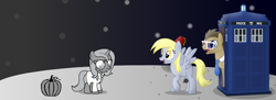 Size: 1100x400 | Tagged: safe, artist:soft-bite, derpy hooves, doctor whooves, princess luna, alicorn, pony, absolutely nothing else, filly, food, moon, moonstuck, pumpkin, science woona, tardis, what pumpkin?, woona