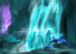 Size: 1024x724 | Tagged: safe, artist:elkaart, princess luna, alicorn, pony, magic, solo, waterfall