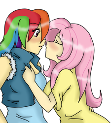 Size: 765x850 | Tagged: safe, artist:mineko, fluttershy, rainbow dash, clothes, female, flutterdash, humanized, imminent kissing, lesbian, shipping, t-shirt, tanktop, vest