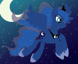 Size: 1024x837 | Tagged: dead source, safe, artist:dr-whiskey, princess luna, alicorn, pony, flying, moon, night, solo, stars