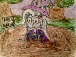 Size: 2882x2157 | Tagged: dead source, safe, artist:michaelmaddox222, derpibooru import, trixie, equestria girls, lined paper, quicksand, sign, solo, stuck, traditional art, tree