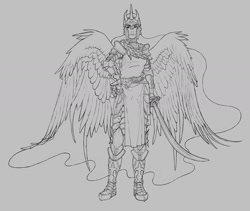 Size: 1633x1377 | Tagged: safe, artist:gor1ck, princess luna, human, armor, humanized, lineart, monochrome, scimitar, solo, spread wings, sword, tunic, warrior luna, winged humanization