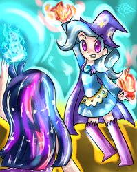 Size: 1024x1284 | Tagged: safe, artist:tamoqu, derpibooru import, trixie, twilight sparkle, human, magic duel, humanized