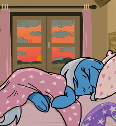 Size: 317x345 | Tagged: artist needed, safe, derpibooru import, trixie, pony, unicorn, bed, clothes, hat, pillow, solo, sunrise, trixie's hat