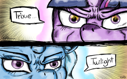 Size: 1280x800 | Tagged: safe, artist:valemjj, derpibooru import, trixie, twilight sparkle, is that a jojo reference?, jojo reference, jojo's bizarre adventure