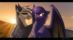 Size: 1561x863 | Tagged: artist needed, safe, derpibooru import, oc, oc:moony, oc:volksy, bat pony, griffon, pony, bat pony oc, blushing, couple, date, griffon oc, half body, interspecies, oc x oc, shipping, sunset, wings