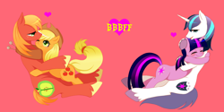 Size: 1800x900 | Tagged: safe, artist:yuzuko, applejack, big macintosh, shining armor, twilight sparkle, earth pony, pony, unicorn, bbbff, big brother, hug, male, pixiv, siblings, stallion