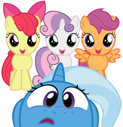 Size: 506x522 | Tagged: safe, artist:acer-rubrum, artist:thatguy1945, derpibooru import, apple bloom, scootaloo, sweetie belle, trixie, pony, unicorn, best pony, cute, cutie mark crusaders, fanfic, female, mare, simple background, vector, white background
