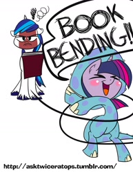 Size: 1280x1656 | Tagged: safe, artist:bunnimation, shining armor, twilight sparkle, pony, unicorn, animal costume, ask, ask twiceratops, avatar the last airbender, bending, book, clothes, costume, dialogue, triceratops, twiceratops