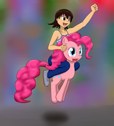 Size: 1500x1650 | Tagged: safe, artist:empyu, pinkie pie, earth pony, human, pony, abstract background, azumanga daioh, crossover, duo, humans riding ponies, riding, smiling, takino tomo