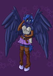 Size: 1024x1452 | Tagged: safe, artist:melliemel, princess luna, anthro, alternate hairstyle, armor, clothes, gloves, midriff, skirt, socks, solo, spread wings, thigh highs, unconvincing armor