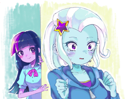 Size: 825x652 | Tagged: safe, artist:weiliy, derpibooru import, trixie, twilight sparkle, twilight sparkle (alicorn), alicorn, equestria girls, blushing, crying, female, lesbian, shipping, twixie