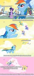 Size: 961x2149 | Tagged: safe, derpibooru import, edit, edited screencap, screencap, cloud kicker, derpy hooves, parasol, rainbow dash, rainbowshine, spring melody, sprinkle medley, sunshower raindrops, twilight sparkle, pegasus, pony, season 1, winter wrap up, analysis, ei, female, hub logo, lavender skies, mare, meta, screencap comic