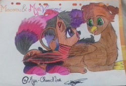 Size: 1619x1108 | Tagged: safe, artist:mya-chan nina, derpibooru import, oc, oc only, oc:hoxton, oc:mya-chan the vampony, alicorn, griffon, pony, vampony, alicorn oc, bat wings, beak, claws, clothes, colored, dyed mane, eyebrows, eyelashes, griffon oc, horn, looking at each other, lying down, paws, peytral, saddle, scrunchie, sharp teeth, simple background, smiling, socks, striped socks, tack, talking, teeth, title, traditional art, wings