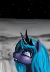 Size: 837x1193 | Tagged: safe, artist:anthropony, princess luna, alicorn, pony, crying, moon, sad, solo, space, stars