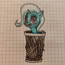 Size: 1080x1080 | Tagged: safe, artist:sharpi, derpibooru import, trixie, pony, unicorn, female, graph paper, mare, sketch, solo, tongue out, traditional art, trash can