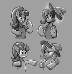 Size: 1236x1280 | Tagged: safe, artist:redflare500, derpibooru import, starlight glimmer, trixie, pony, unicorn, beard, clothes, facial hair, glasses, grayscale, hat, human to pony, latex, latex pony, magic, monochrome, rubber, smiling, telekinesis, transformation, transgender transformation, trixie's hat